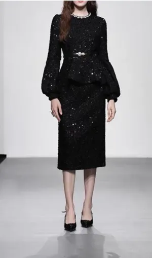 SEQUIN LANTERN SLEEVE RUFFLE MIDI DRESS Gloria Lanvin