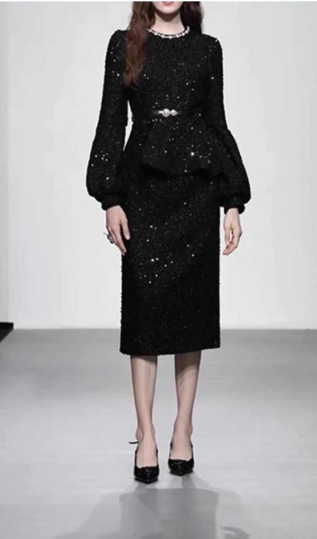 SEQUIN LANTERN SLEEVE RUFFLE MIDI DRESS Gloria Lanvin
