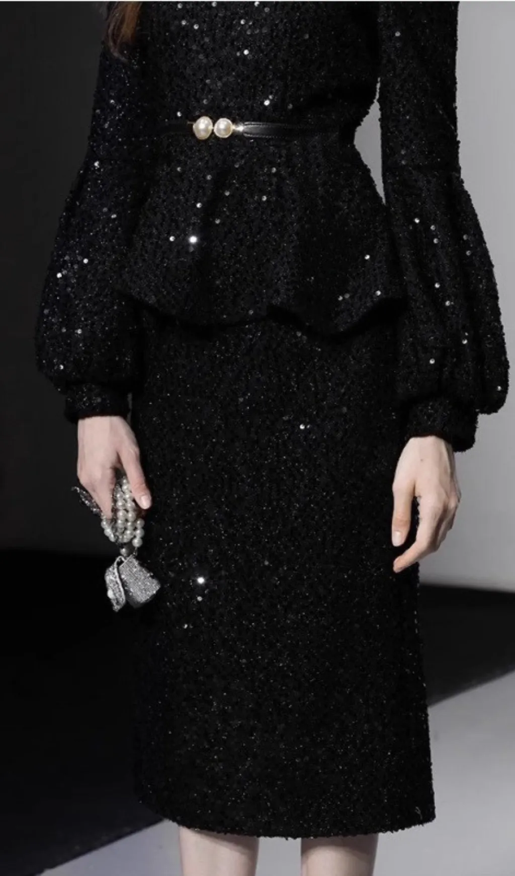 SEQUIN LANTERN SLEEVE RUFFLE MIDI DRESS Gloria Lanvin