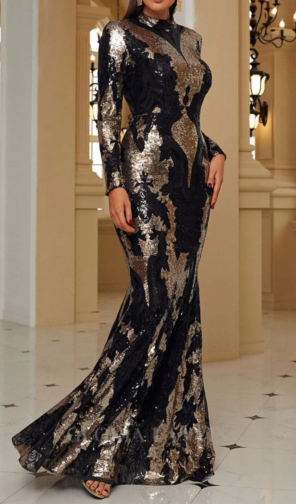Sequin Long Sleeve bodycon Maxi Dress in black Gloria Lanvin
