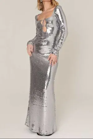 sequin long sleeve cut out maxi dress in silver Gloria Lanvin