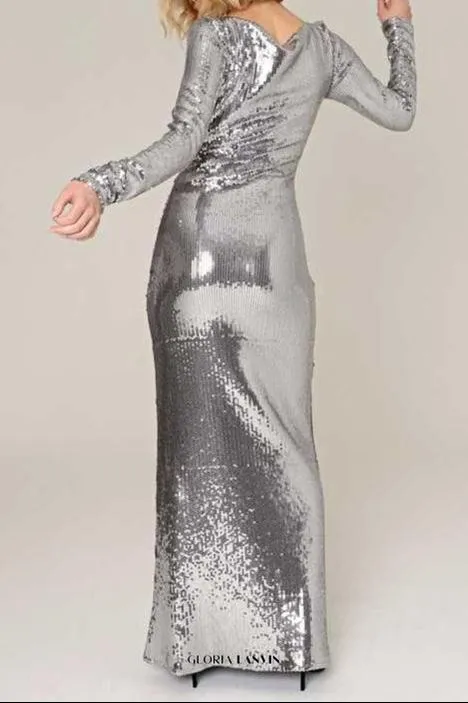 sequin long sleeve cut out maxi dress in silver Gloria Lanvin