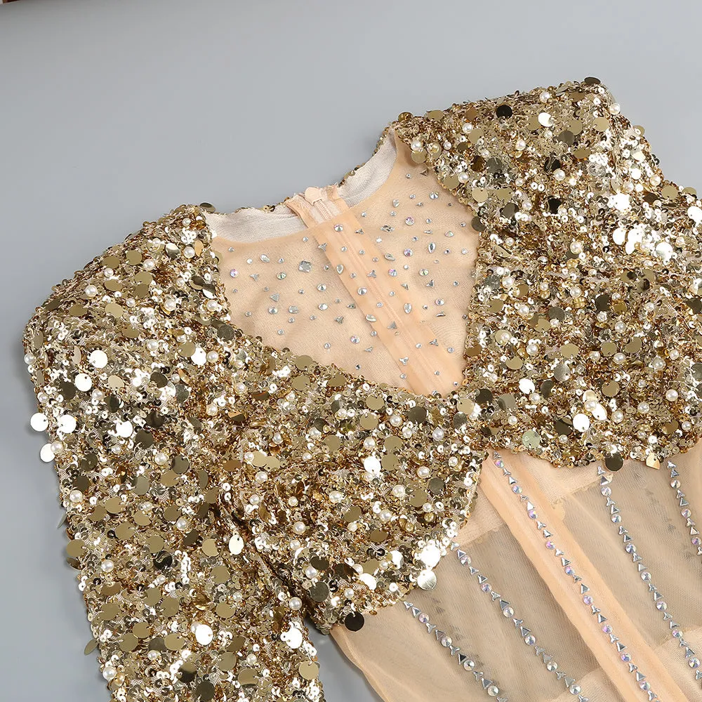 sequin long sleeve maxi dress in gold Gloria Lanvin