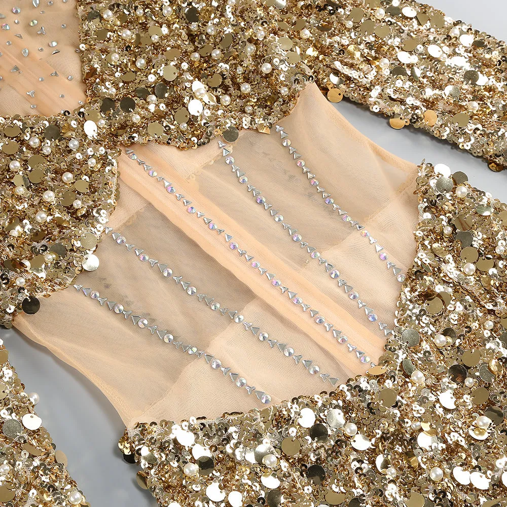 sequin long sleeve maxi dress in gold Gloria Lanvin