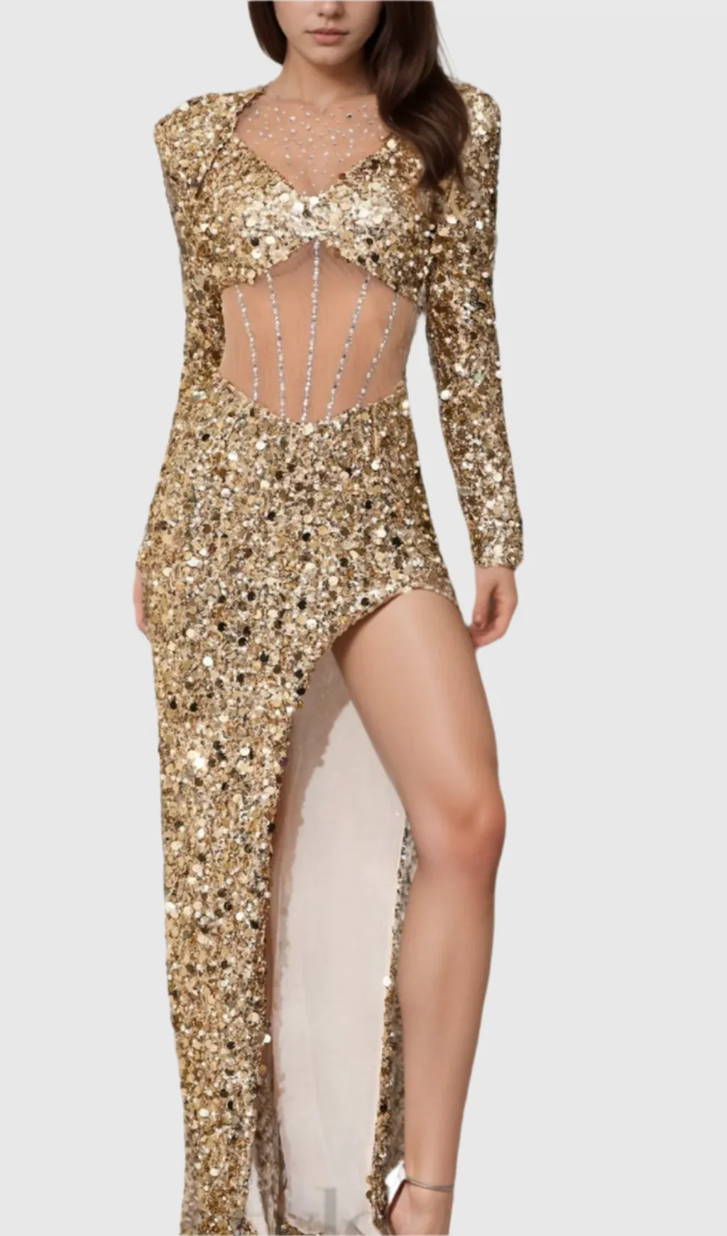 sequin long sleeve maxi dress in gold Gloria Lanvin
