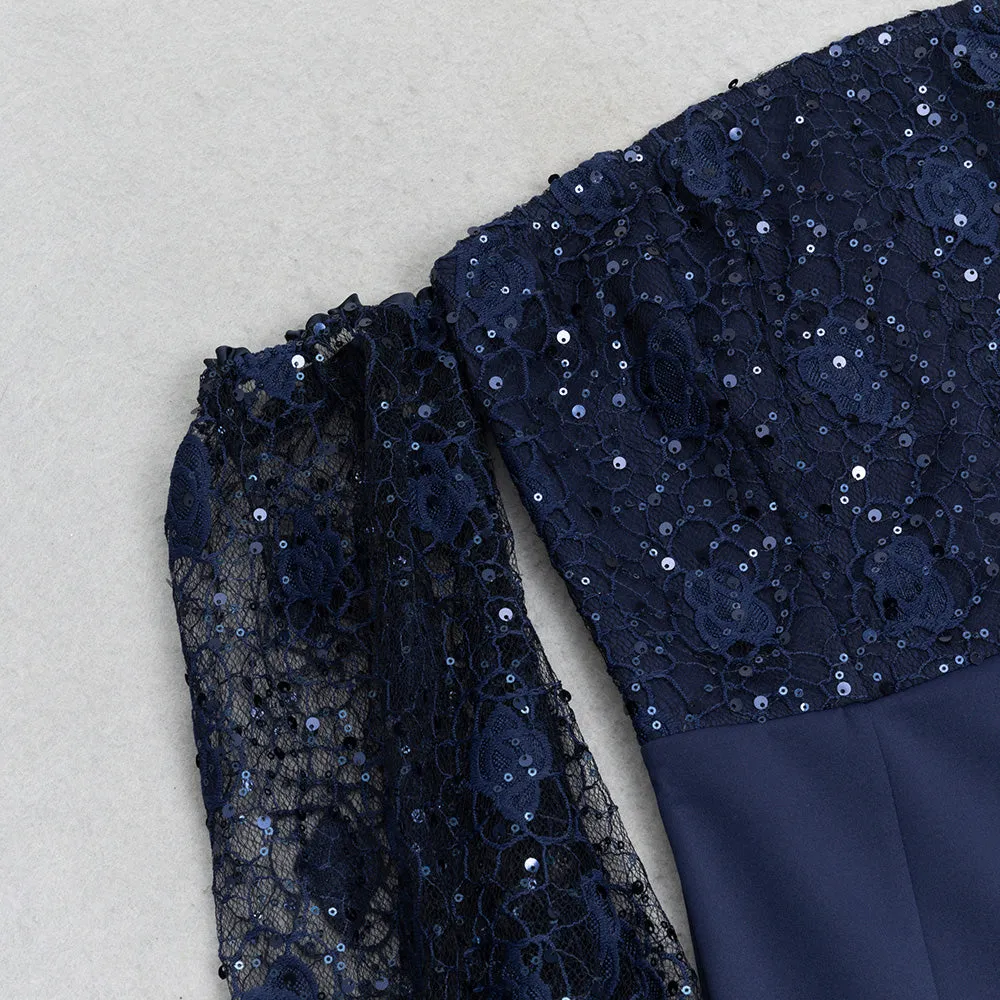 SEQUIN LONG SLEEVES MIDI DRESS NAVY BLUE Gloria Lanvin
