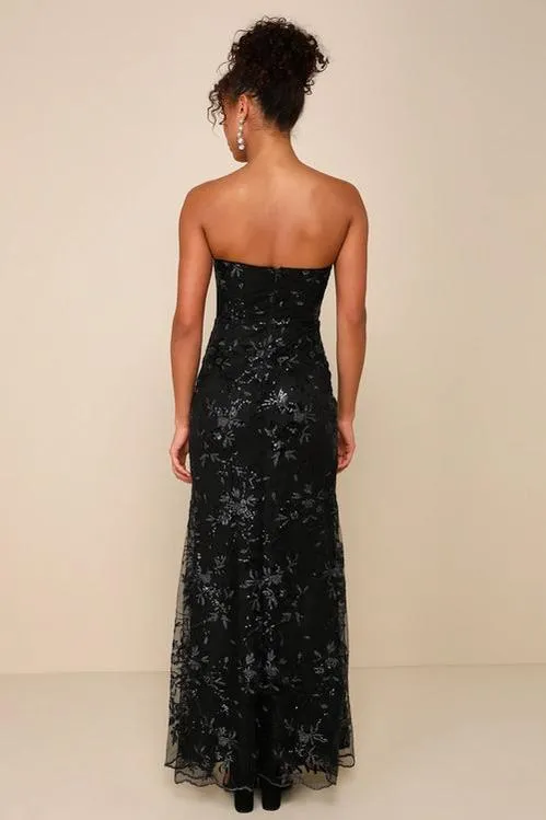 Sequin print Strapless Bustier Maxi Dress in black Gloria Lanvin