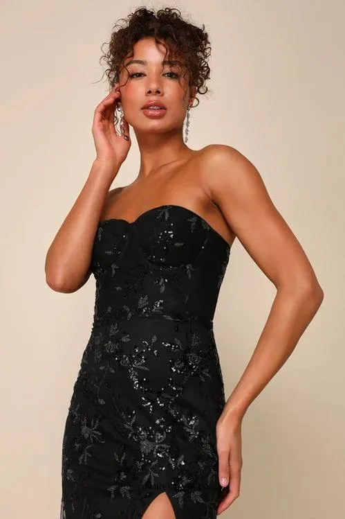 Sequin print Strapless Bustier Maxi Dress in black Gloria Lanvin