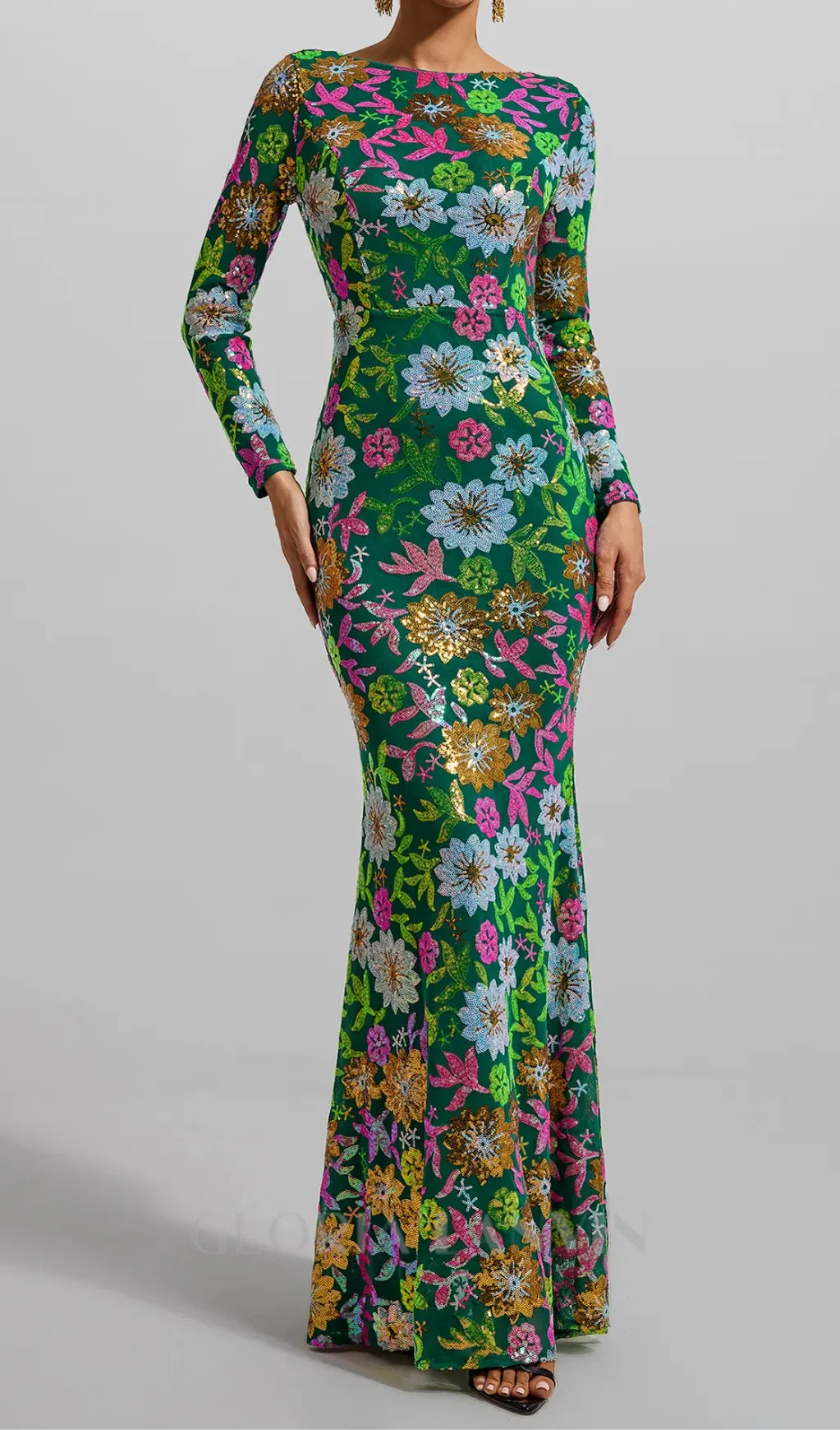 Sequin Round Neck Long Sleeve Maxi Dress in Green Gloria Lanvin