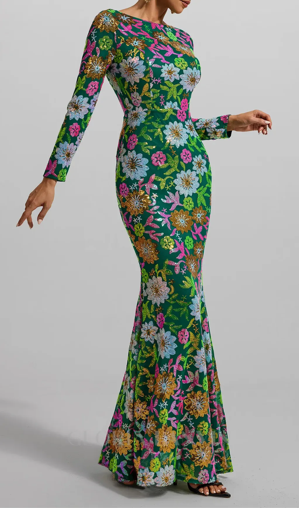 Sequin Round Neck Long Sleeve Maxi Dress in Green Gloria Lanvin