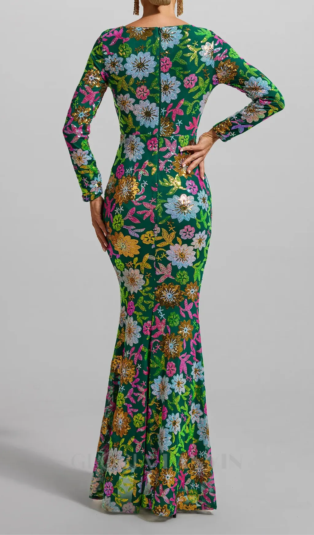 Sequin Round Neck Long Sleeve Maxi Dress in Green Gloria Lanvin