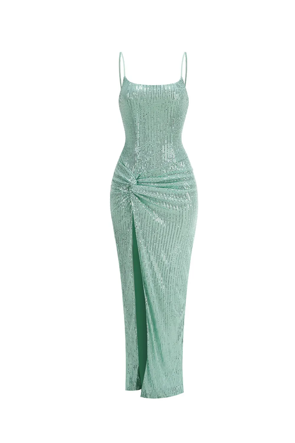 sequin ruched high slit maxi dress in green Gloria Lanvin