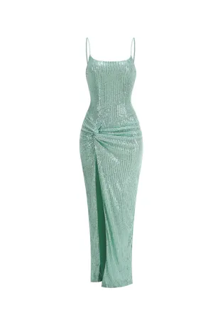 sequin ruched high slit maxi dress in green Gloria Lanvin