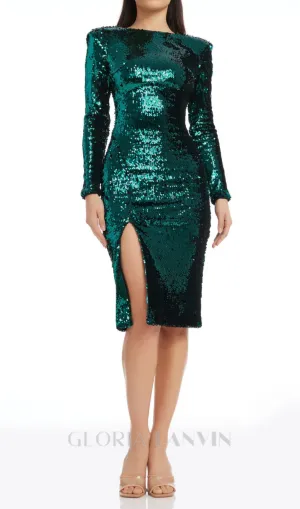 sequin slit stretch midi dress in deep emerald Gloria Lanvin