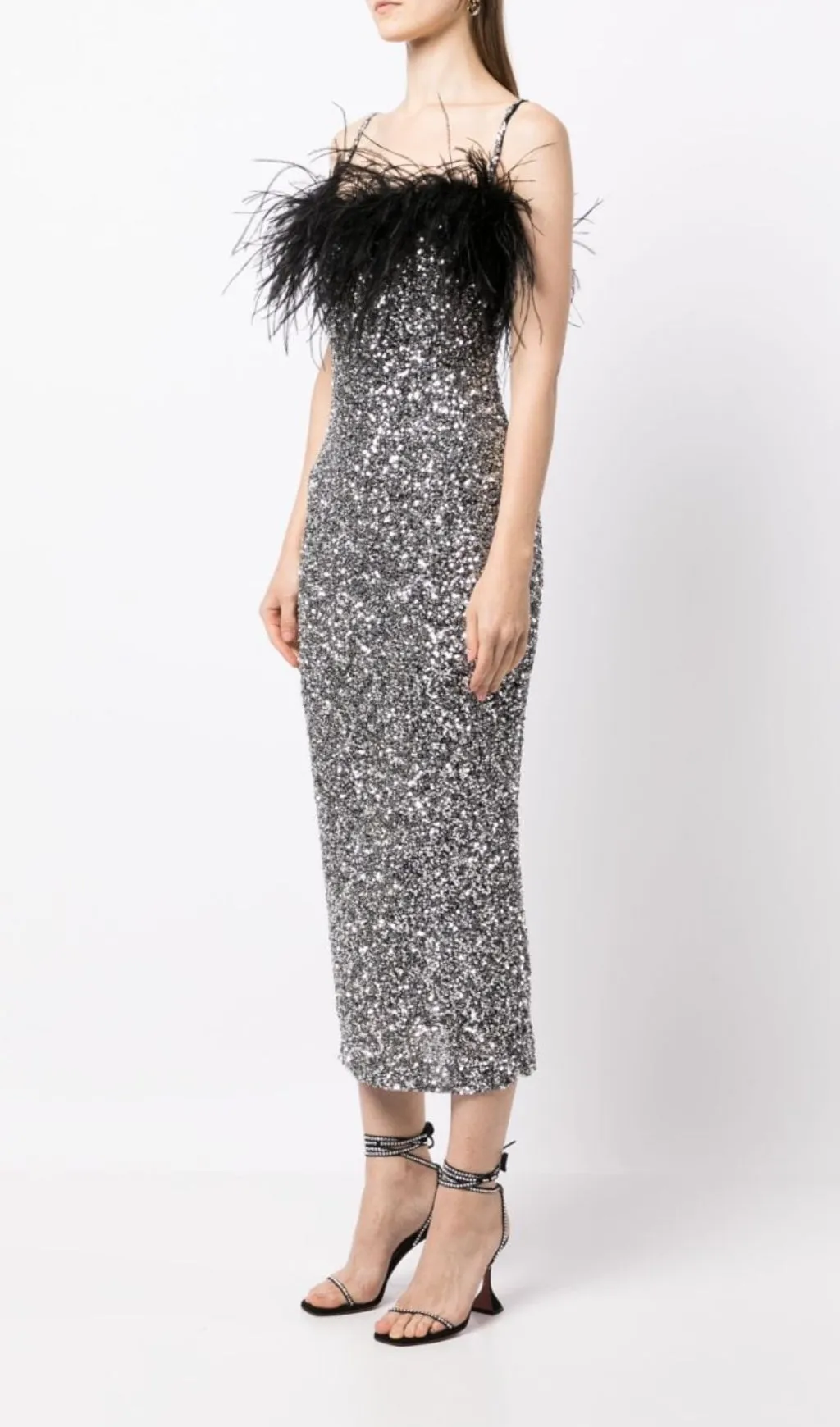 SEQUINED FEATHER SLIM SUSPENDER DRESS Gloria Lanvin
