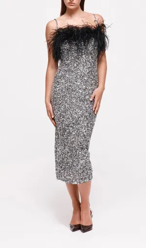 SEQUINED FEATHER SLIM SUSPENDER DRESS Gloria Lanvin