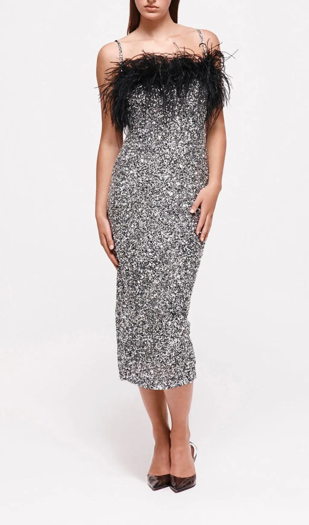 SEQUINED FEATHER SLIM SUSPENDER DRESS Gloria Lanvin