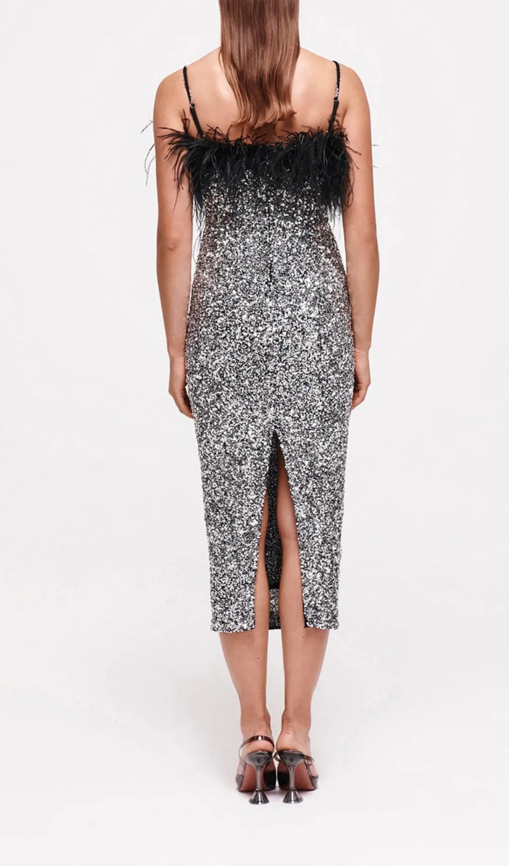 SEQUINED FEATHER SLIM SUSPENDER DRESS Gloria Lanvin