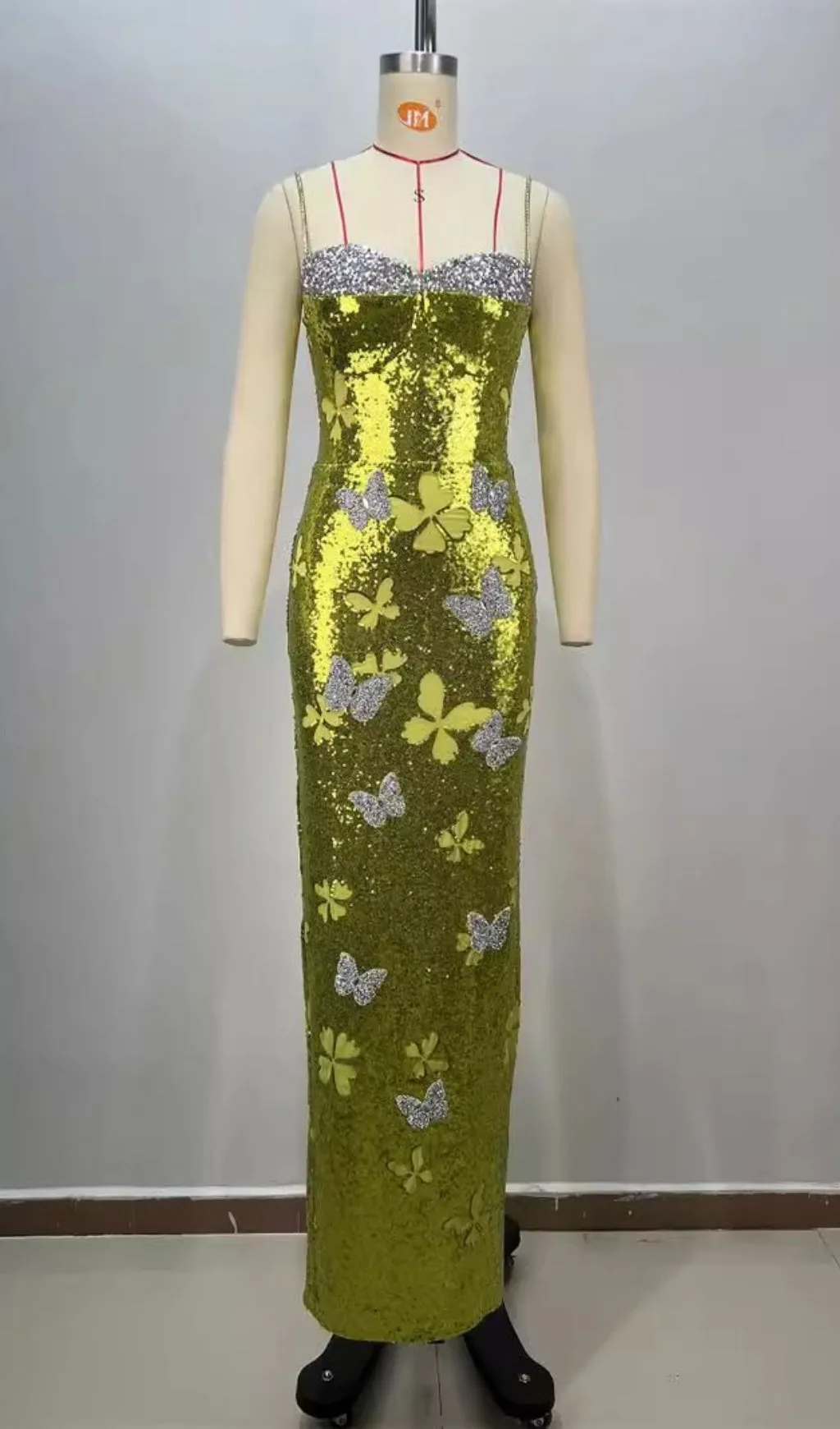Sequined Low-Cut Strap Maxi Dress Fluorescent Green Gloria Lanvin