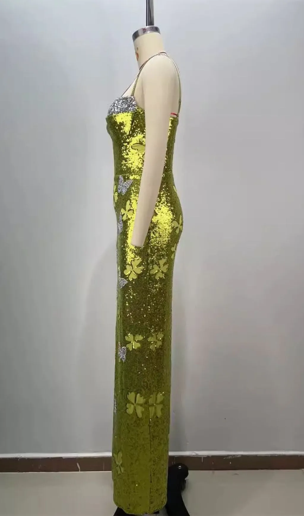 Sequined Low-Cut Strap Maxi Dress Fluorescent Green Gloria Lanvin