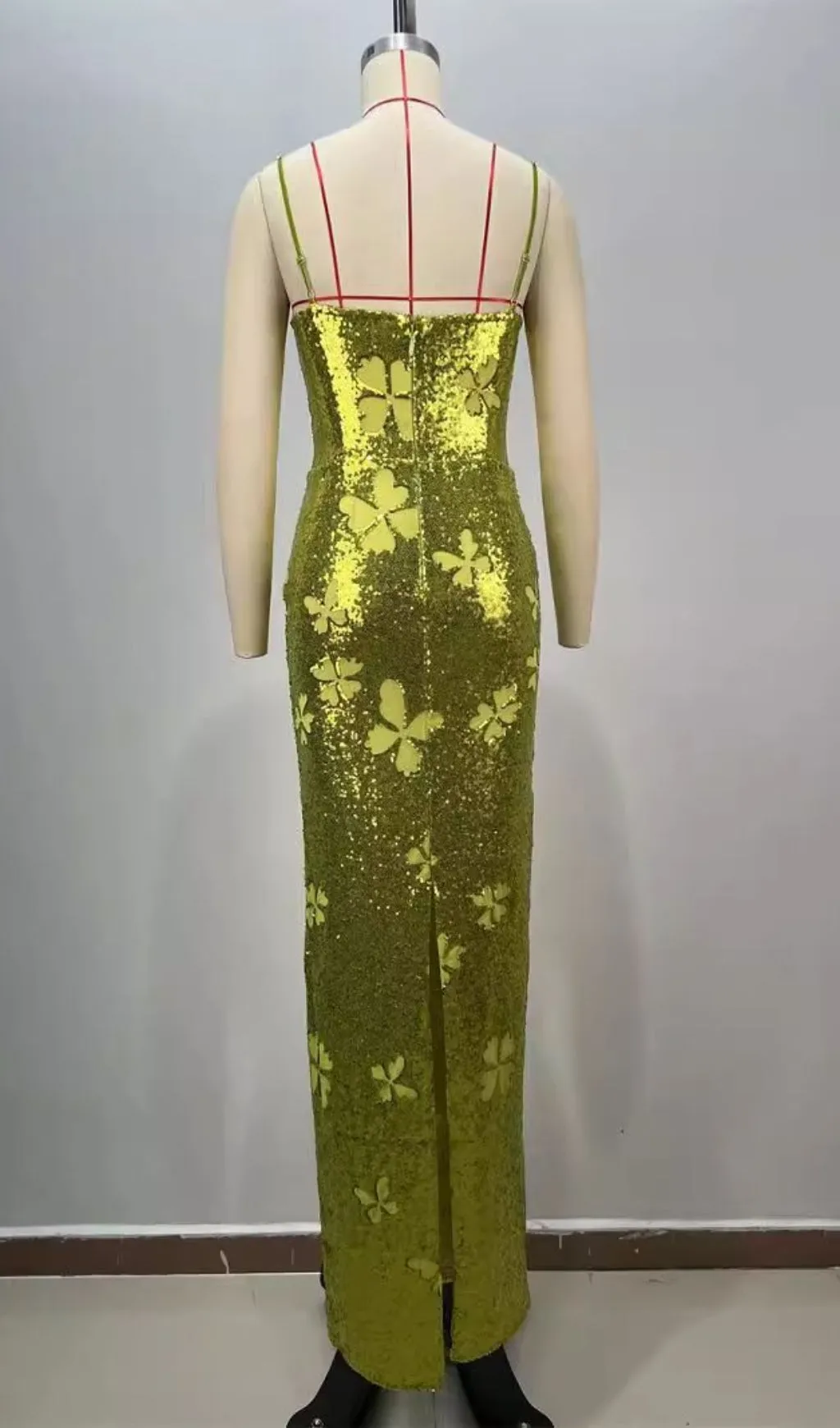 Sequined Low-Cut Strap Maxi Dress Fluorescent Green Gloria Lanvin