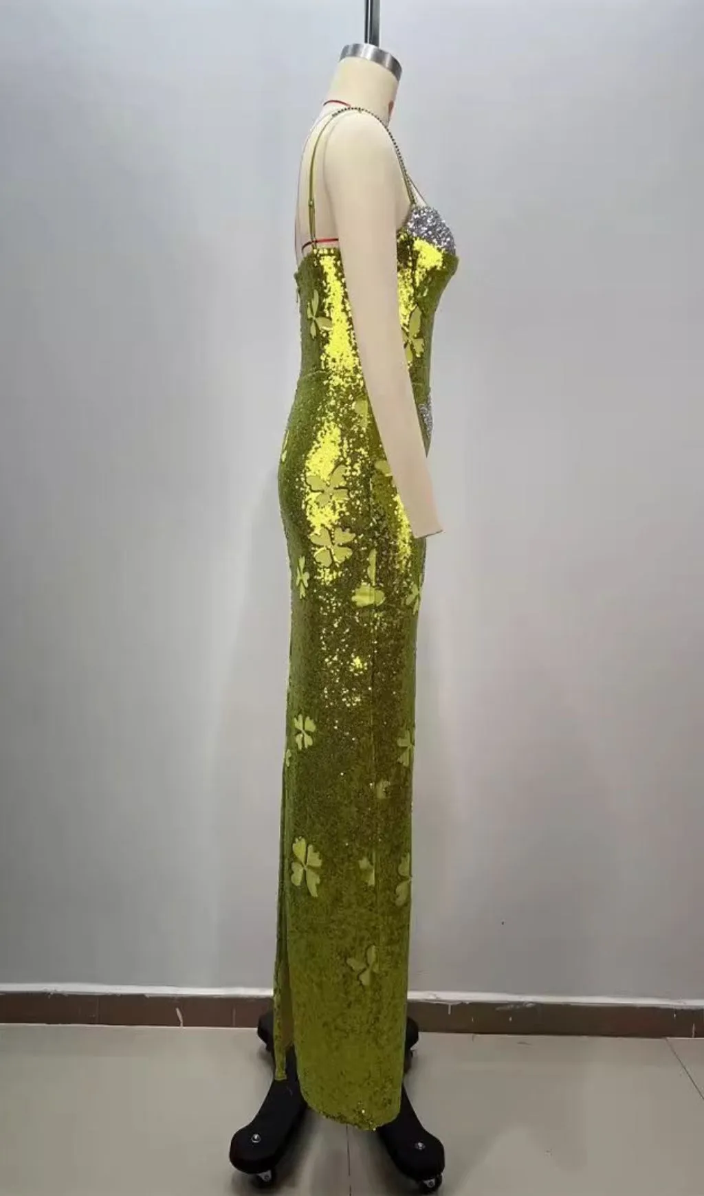 Sequined Low-Cut Strap Maxi Dress Fluorescent Green Gloria Lanvin