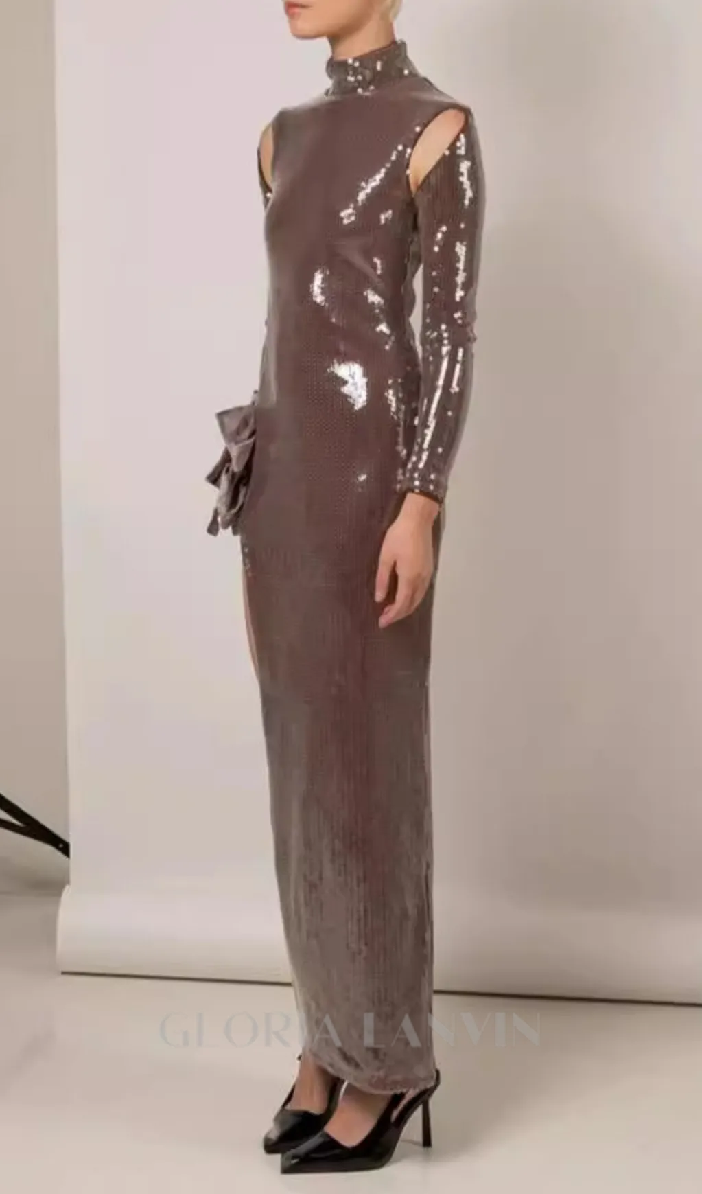 SETLLA BOW DETAIL SEQUIN MAXI DRESS IN BROWN Gloria Lanvin