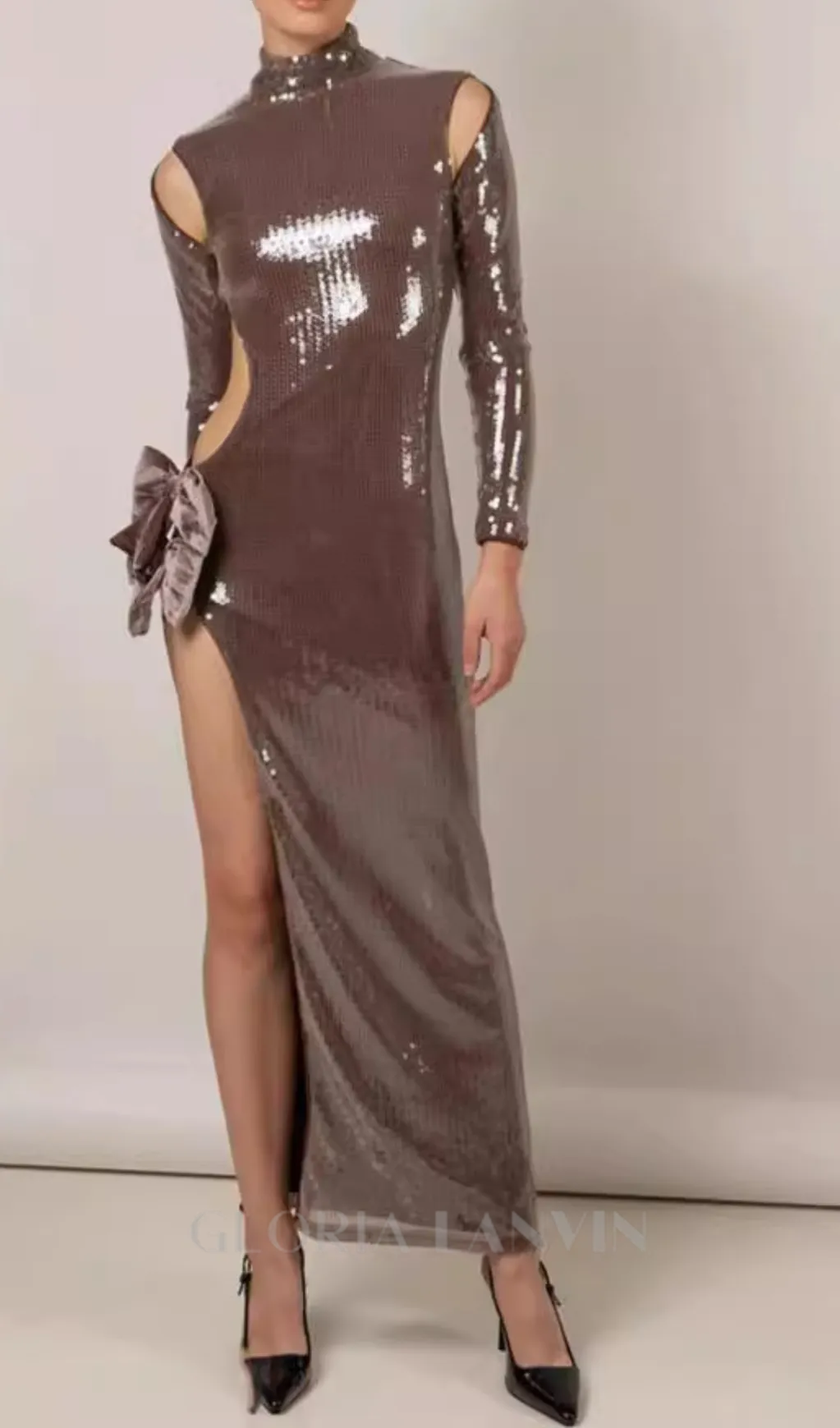 SETLLA BOW DETAIL SEQUIN MAXI DRESS IN BROWN Gloria Lanvin