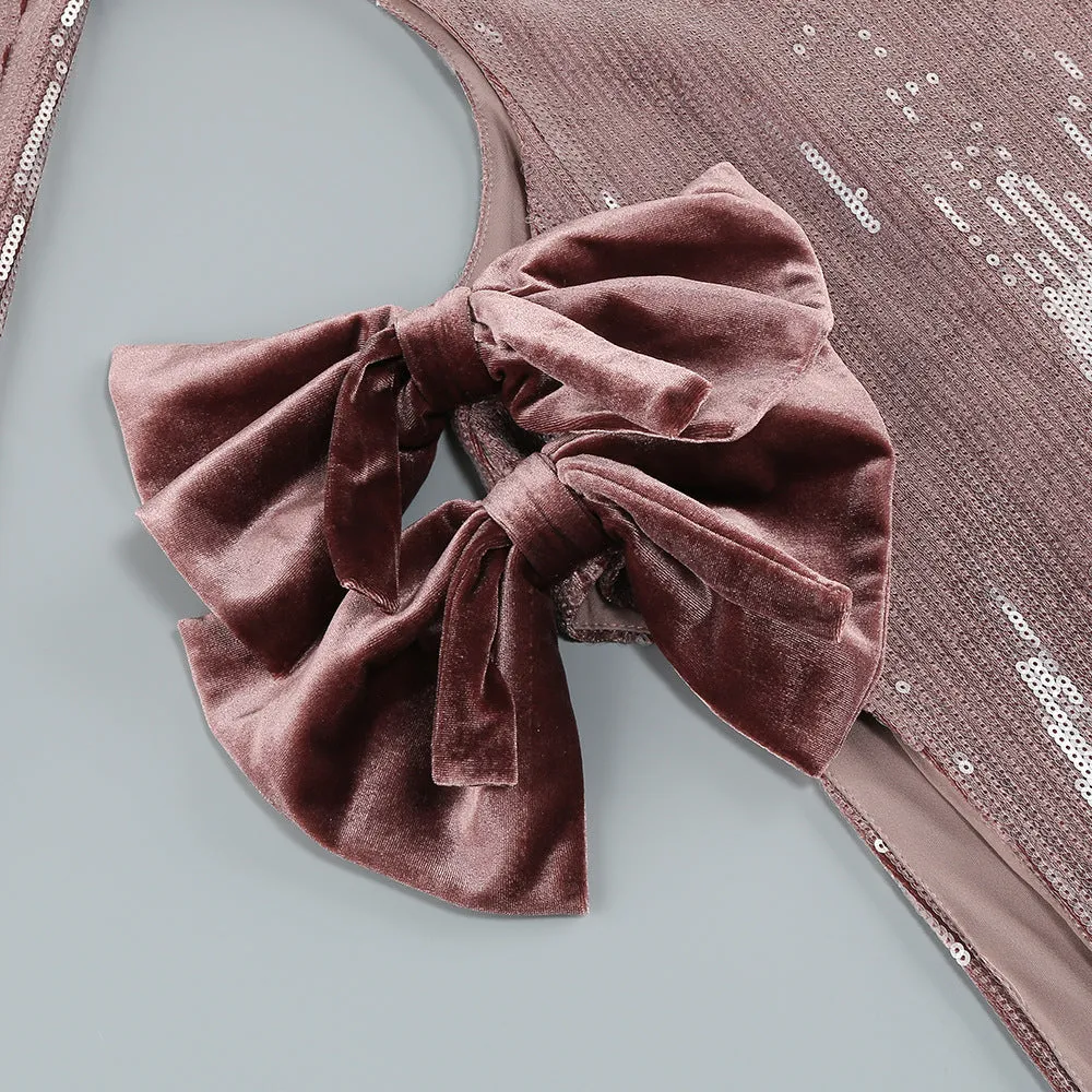 SETLLA BOW DETAIL SEQUIN MAXI DRESS IN BROWN Gloria Lanvin