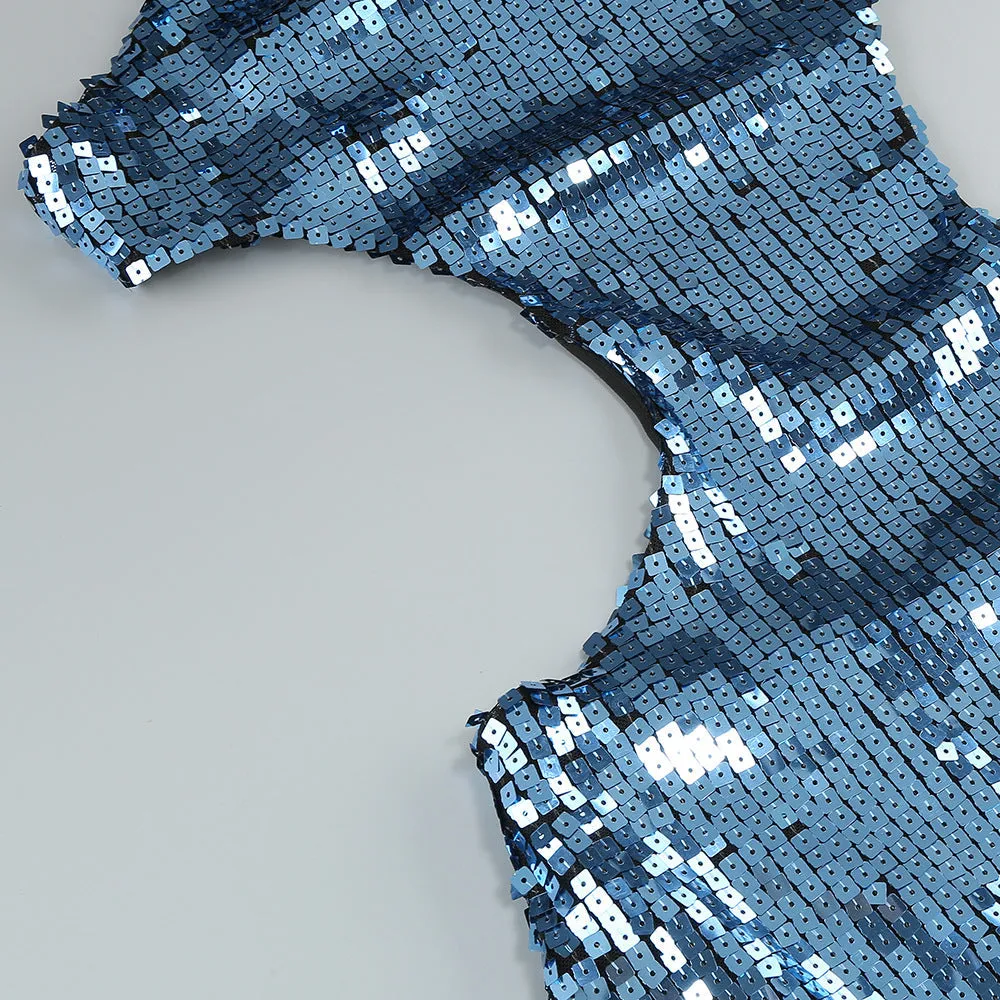 SHARON SEQUIN HALTER MAXI DRESS IN CERULEAN BLUE Gloria Lanvin