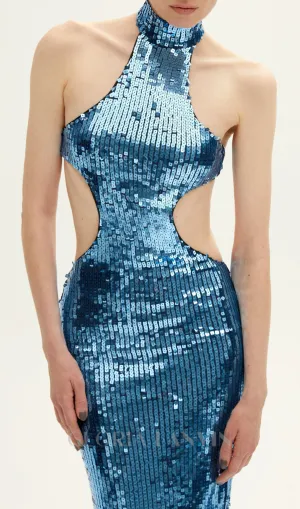 SHARON SEQUIN HALTER MAXI DRESS IN CERULEAN BLUE Gloria Lanvin