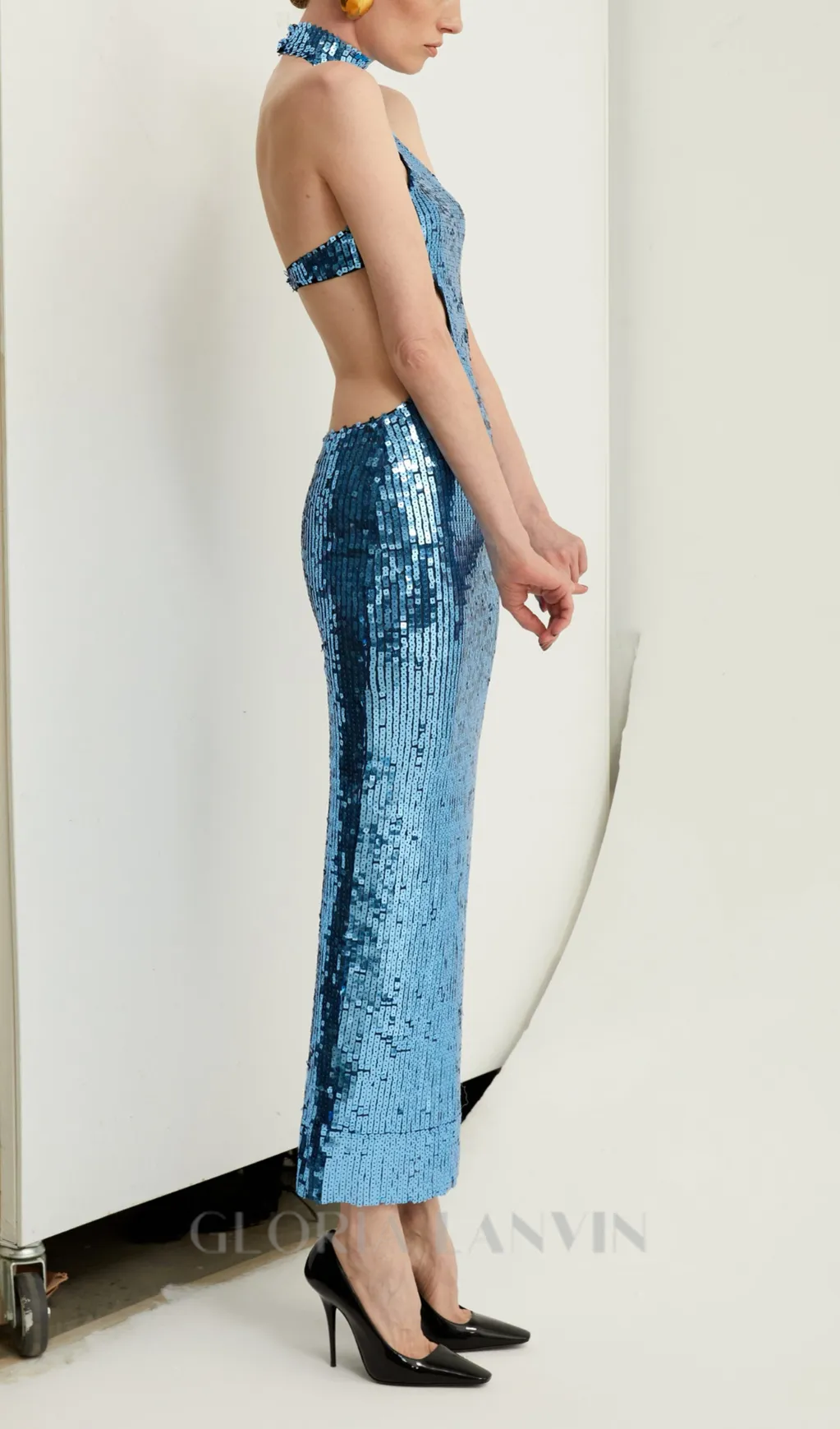 SHARON SEQUIN HALTER MAXI DRESS IN CERULEAN BLUE Gloria Lanvin
