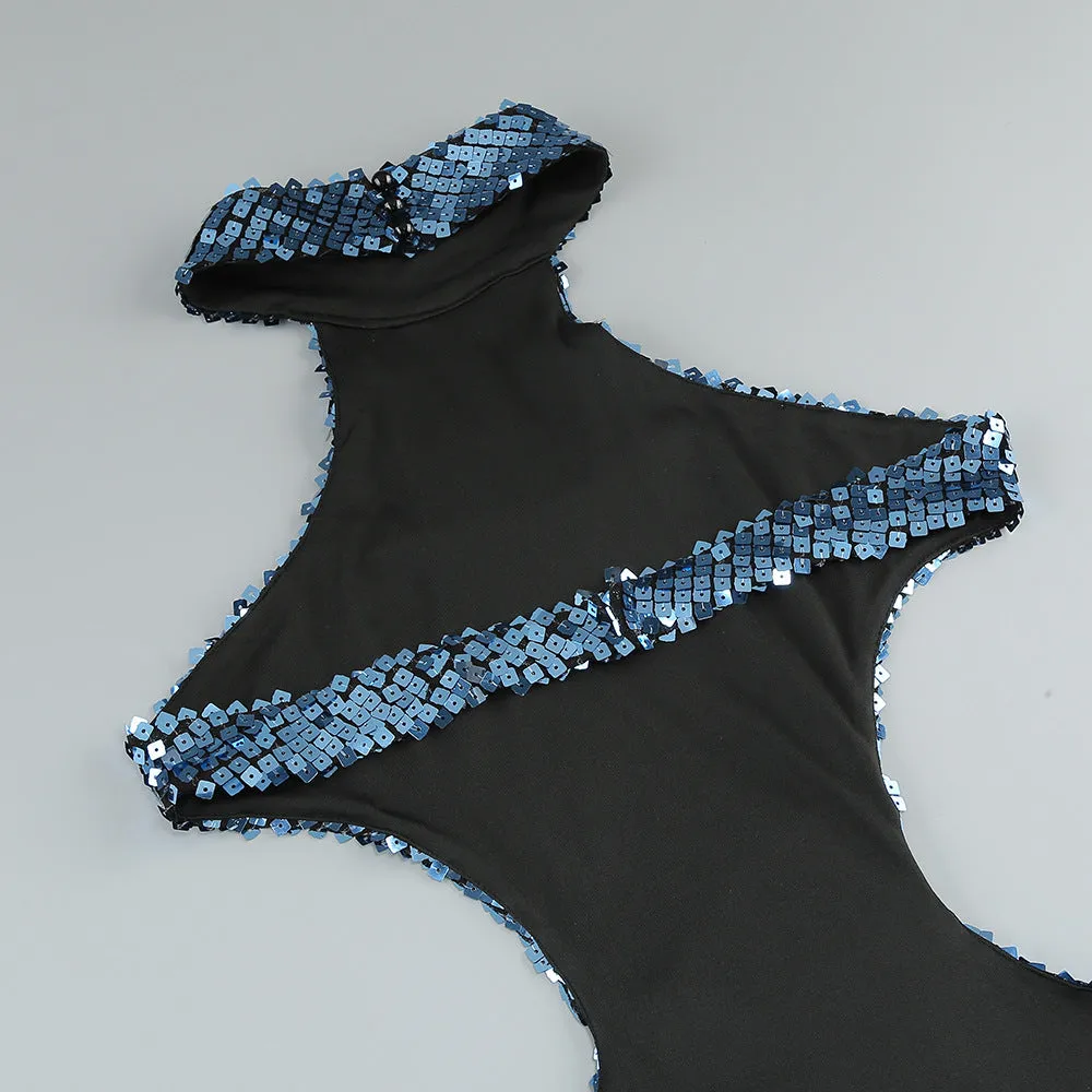 SHARON SEQUIN HALTER MAXI DRESS IN CERULEAN BLUE Gloria Lanvin