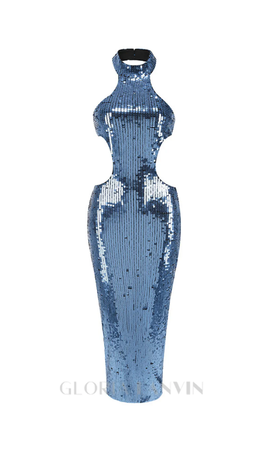 SHARON SEQUIN HALTER MAXI DRESS IN CERULEAN BLUE Gloria Lanvin