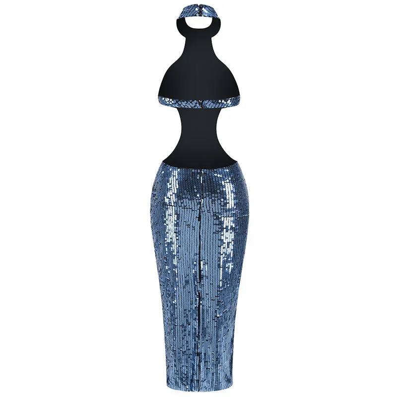 SHARON SEQUIN HALTER MAXI DRESS IN CERULEAN BLUE Gloria Lanvin