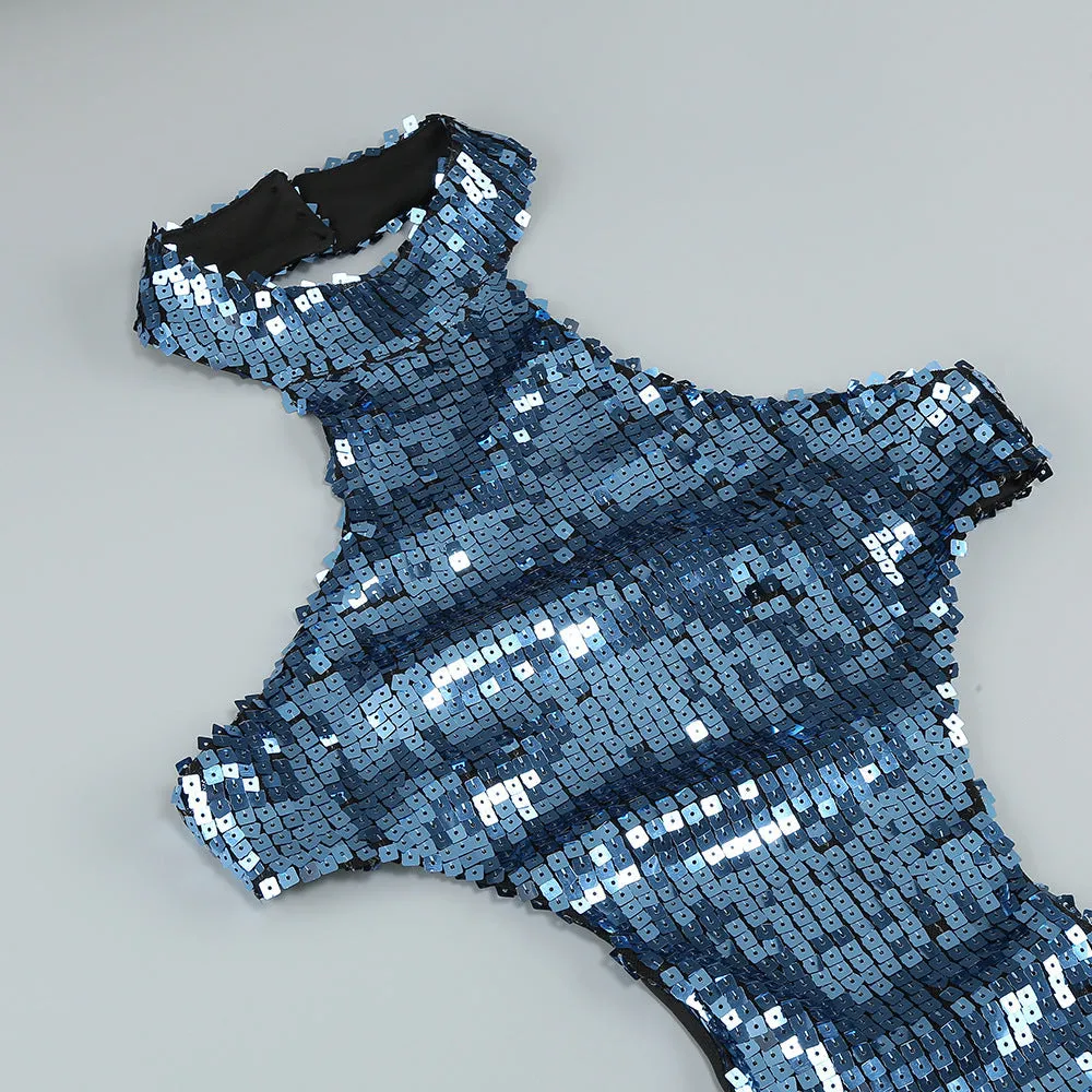 SHARON SEQUIN HALTER MAXI DRESS IN CERULEAN BLUE Gloria Lanvin