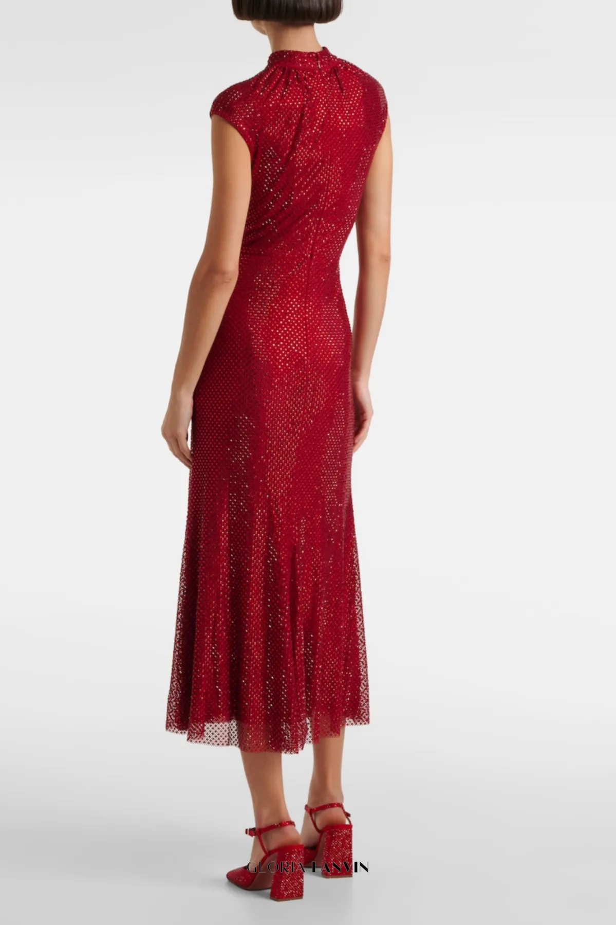 Sharrie Flower Rhinestone Embellished Fishnet Midi Dress Gloria Lanvin