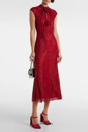 Sharrie Flower Rhinestone Embellished Fishnet Midi Dress Gloria Lanvin
