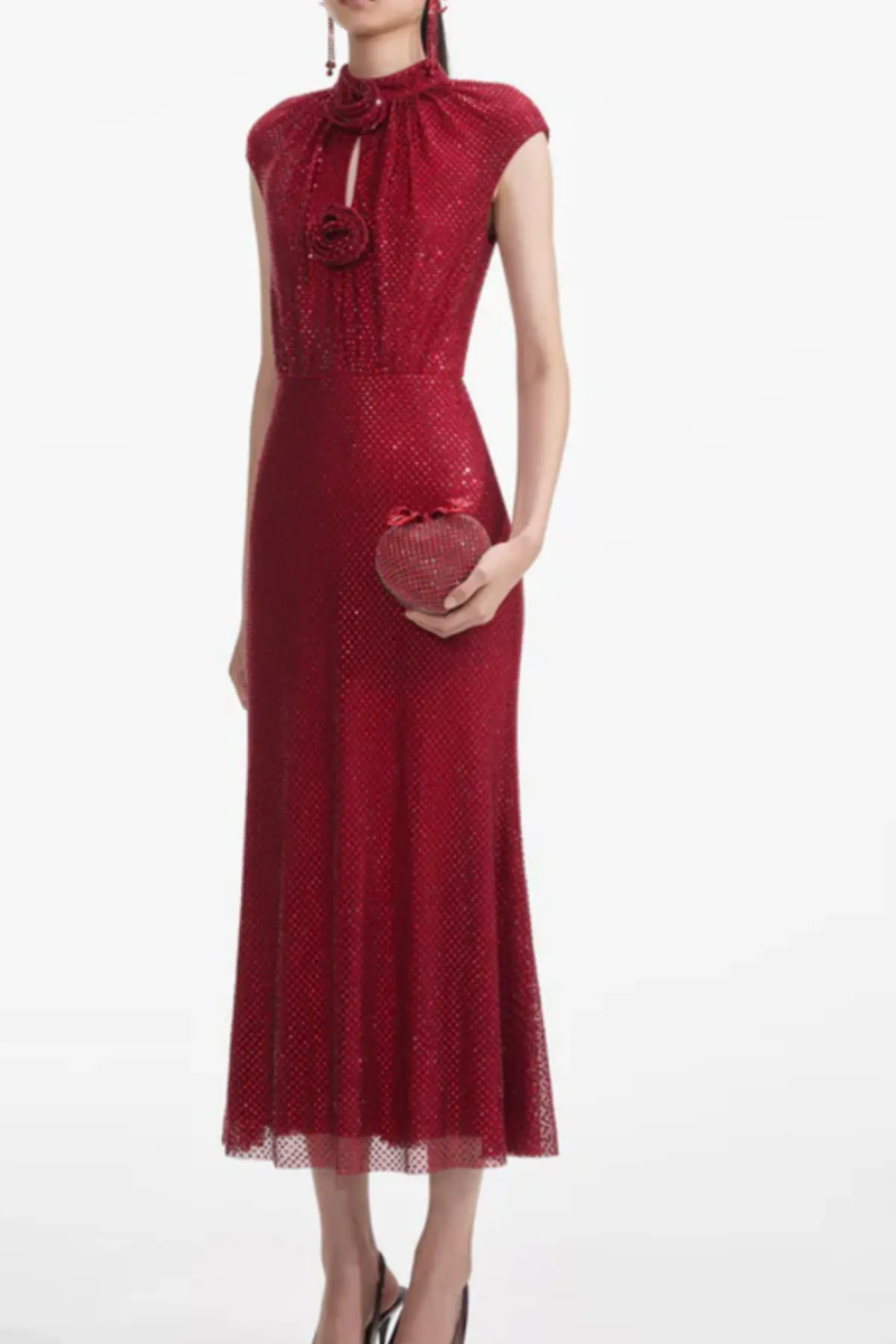 Sharrie Flower Rhinestone Embellished Fishnet Midi Dress Gloria Lanvin
