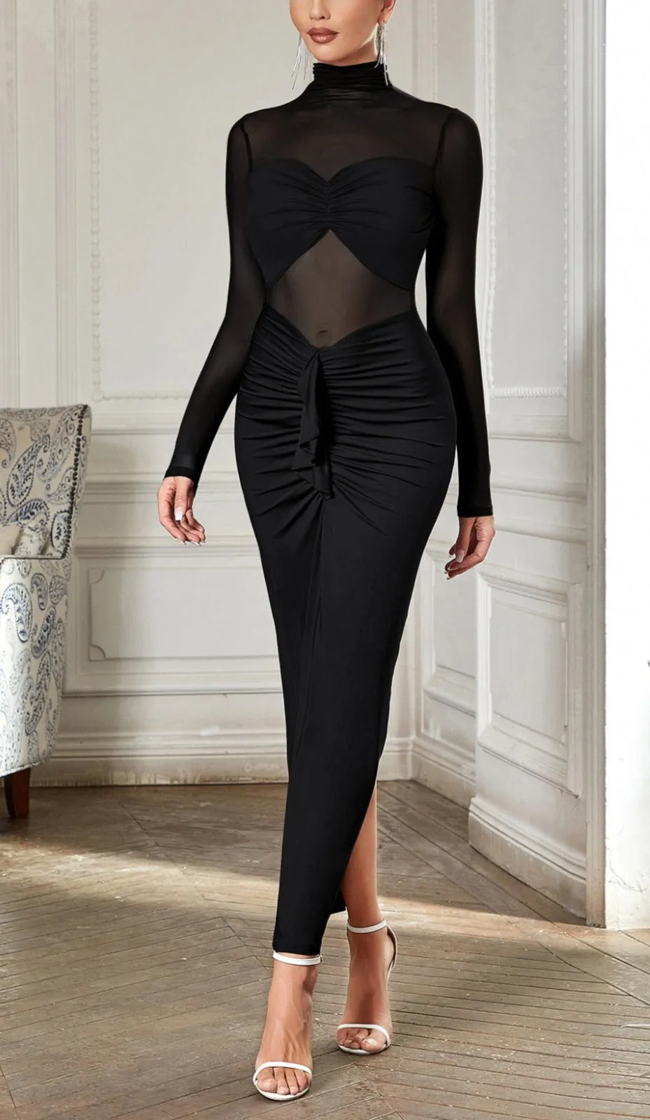 SHEER RUCHED MAXI DRESS IN BLACK Gloria Lanvin