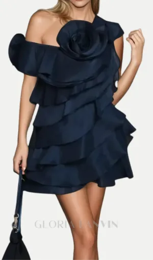 Shelyn Flower One Shoulder Ruffle Mini Dress In Black Gloria Lanvin