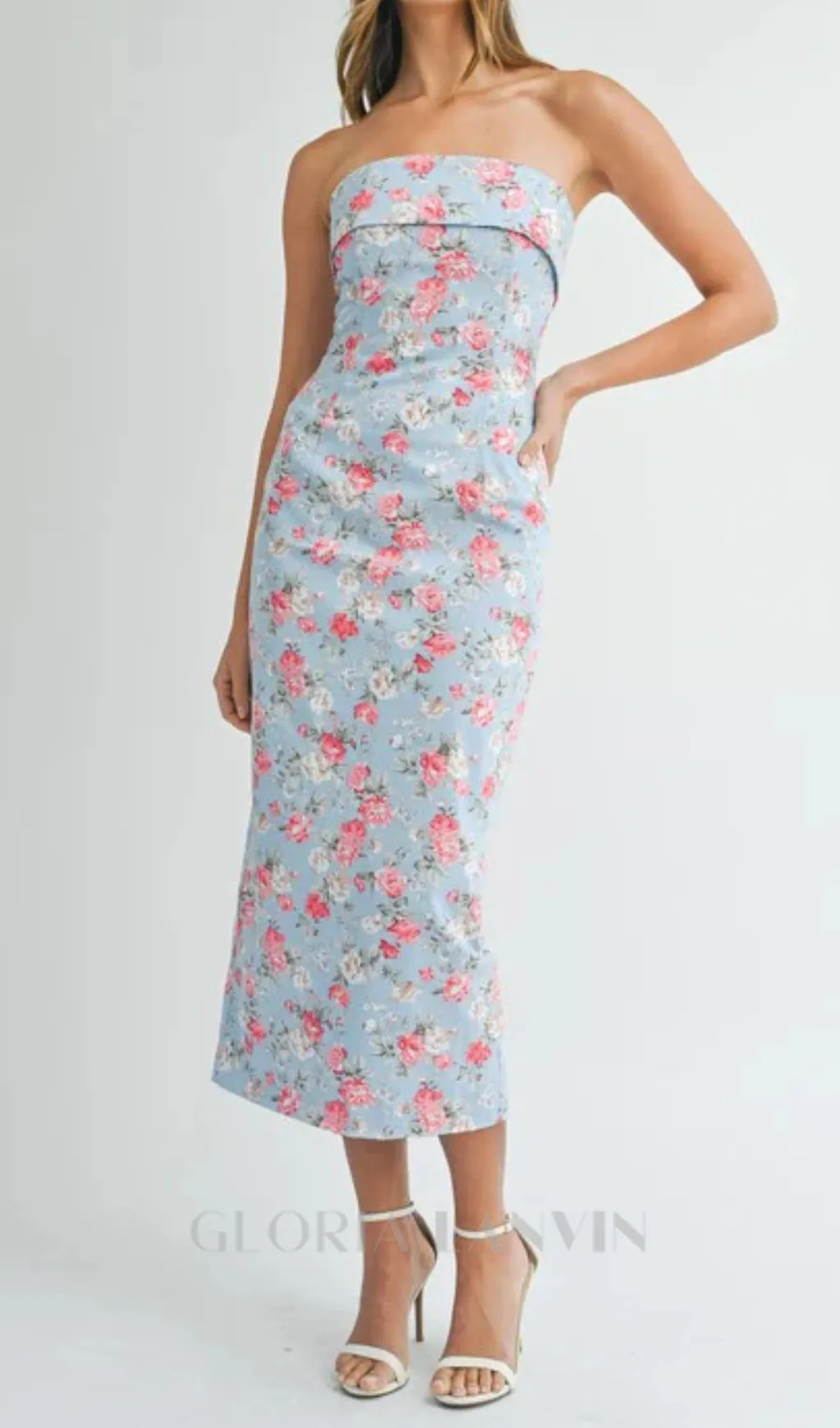 sherry strapless floral midi dress in blue Gloria Lanvin
