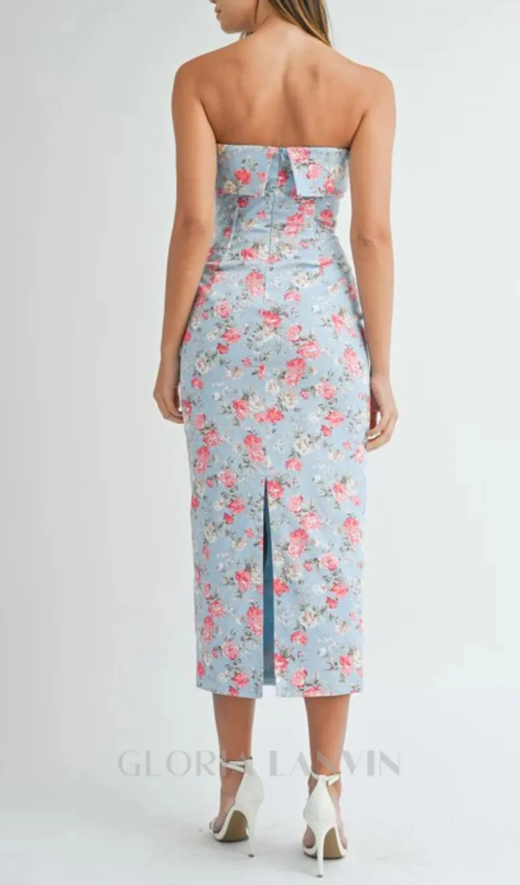 sherry strapless floral midi dress in blue Gloria Lanvin