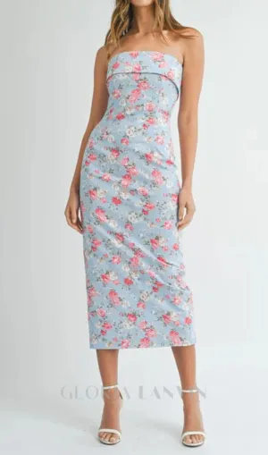 sherry strapless floral midi dress in blue Gloria Lanvin