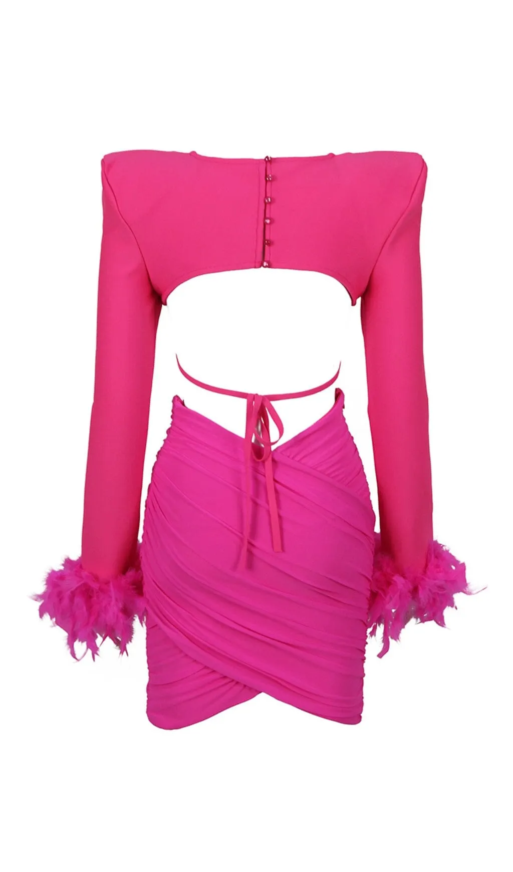 SHOULEDR PAD WAIST BARING FEATHER BLOUSE PLEATED DRESS IN PINK Gloria Lanvin