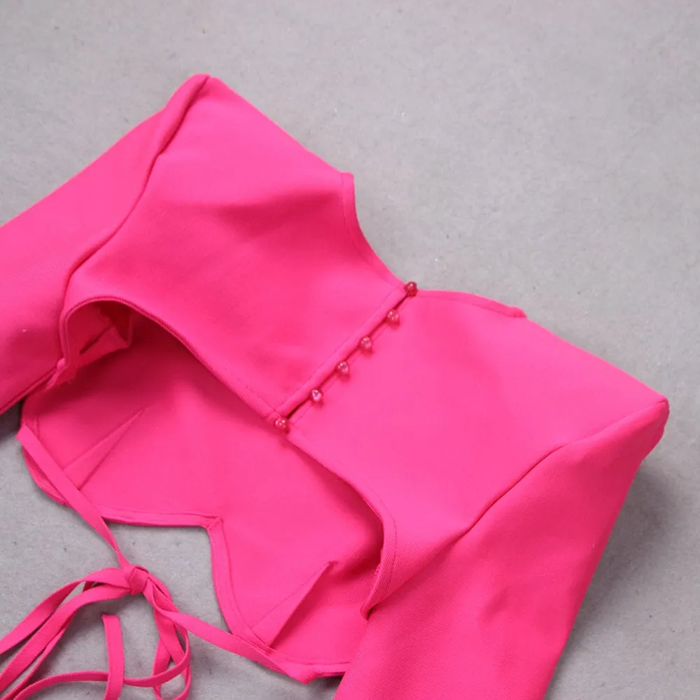 SHOULEDR PAD WAIST BARING FEATHER BLOUSE PLEATED DRESS IN PINK Gloria Lanvin