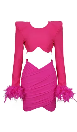 SHOULEDR PAD WAIST BARING FEATHER BLOUSE PLEATED DRESS IN PINK Gloria Lanvin