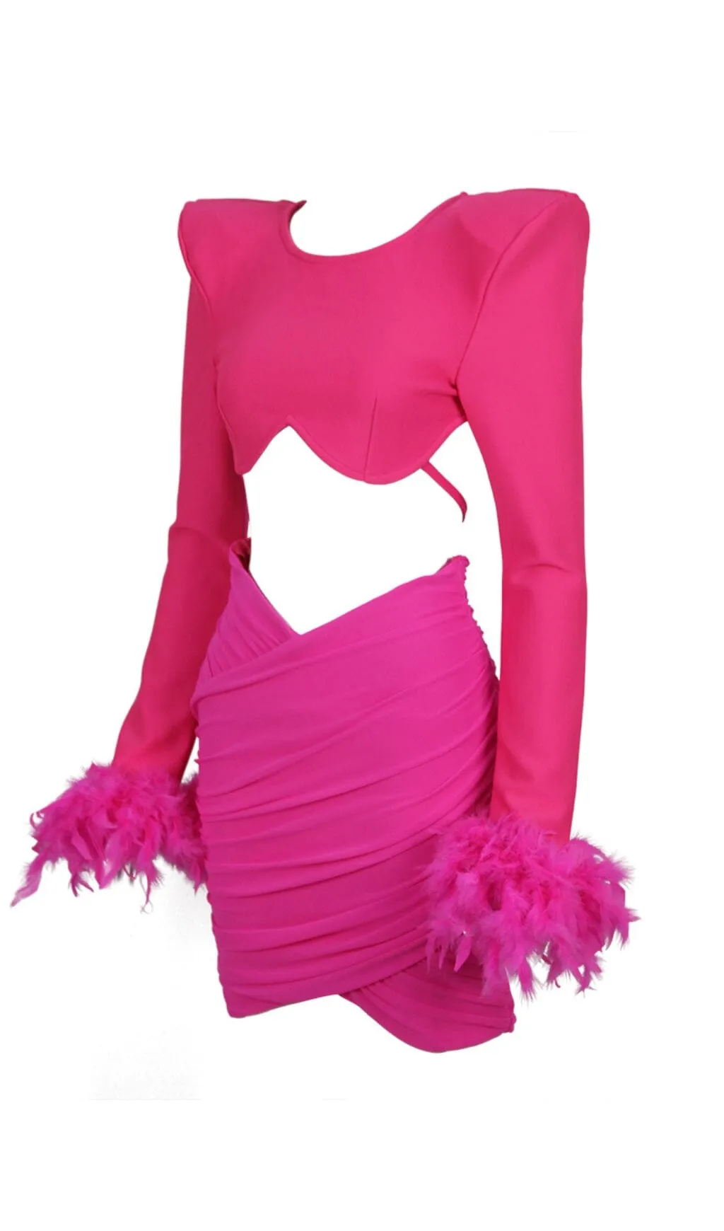 SHOULEDR PAD WAIST BARING FEATHER BLOUSE PLEATED DRESS IN PINK Gloria Lanvin