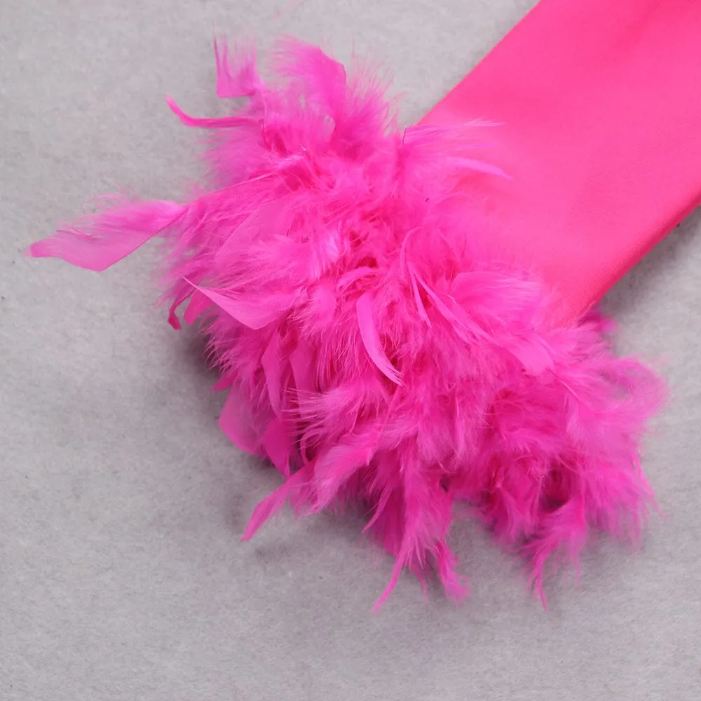 SHOULEDR PAD WAIST BARING FEATHER BLOUSE PLEATED DRESS IN PINK Gloria Lanvin