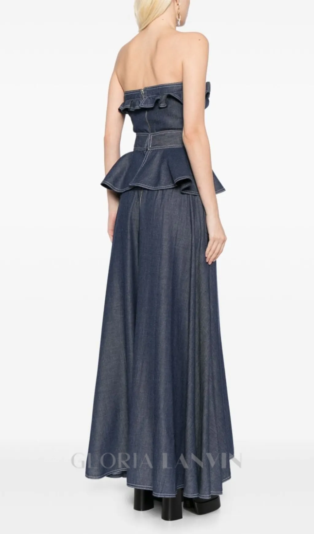 SIGRID PEPLUM-WAIST DENIM JUMPSUIT IN NAVY BLUE Gloria Lanvin